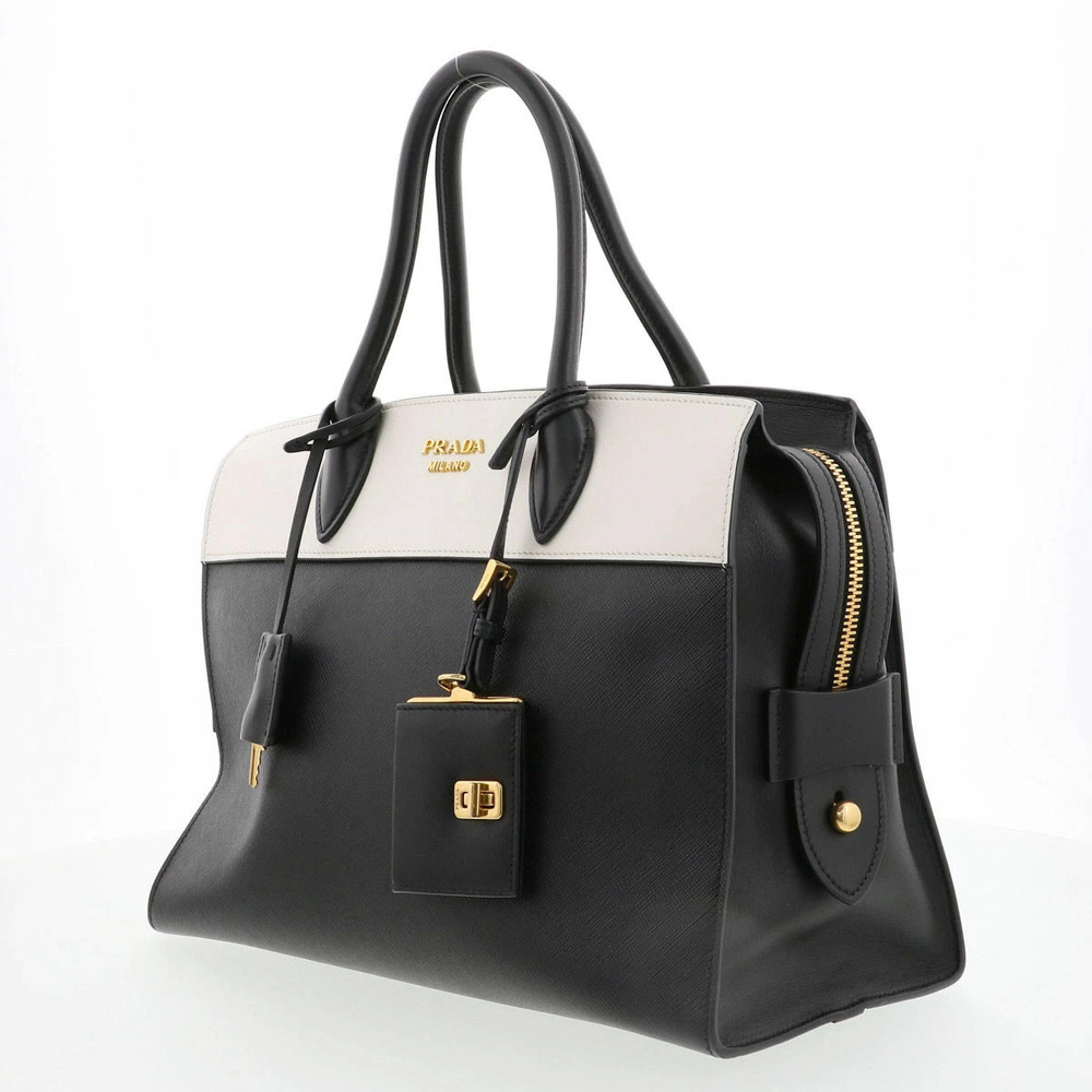 Prada White Leather Esplanade Black Handbag Bicolor